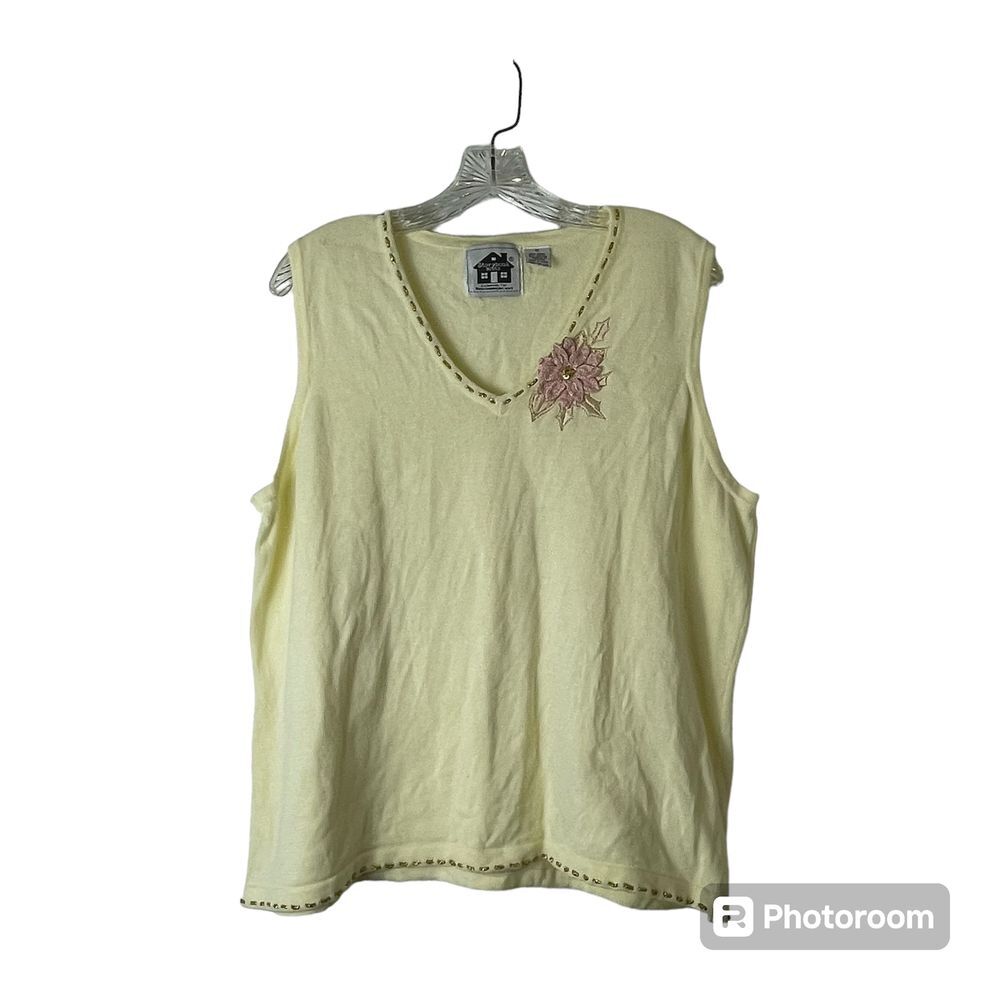 StoryBrook Knits Sleeveless V Neck Ivory Sweater‎ Sz 1XL Pink Poinsettia READ